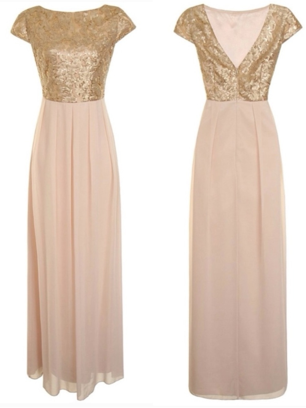 London Dress Company Nude & Gold Sequin Jade Chiffon Maxi Dress